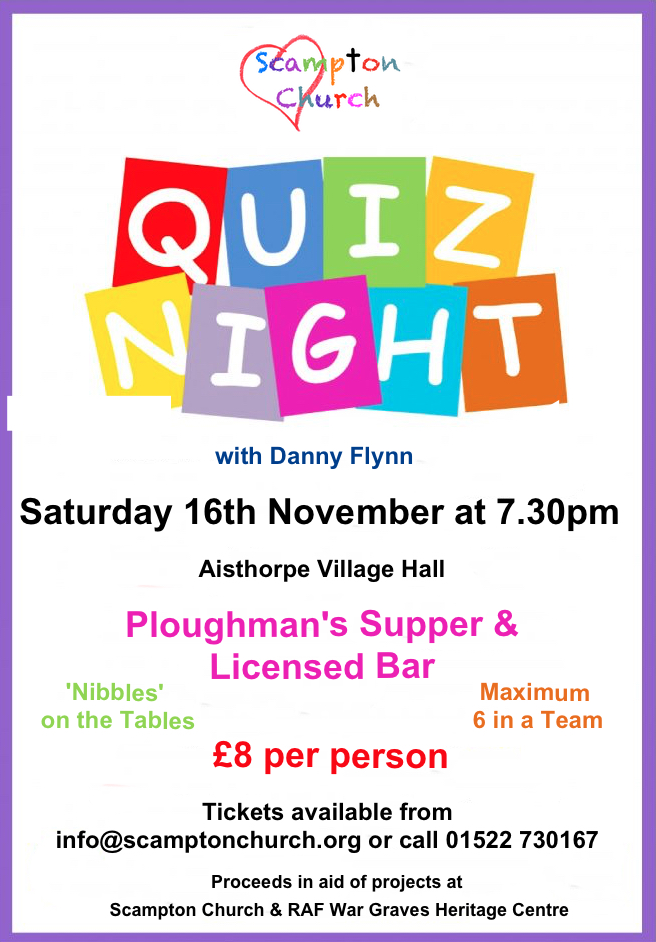 Poster for a Quiz Night with Danny Flynn at Aisthorpe Village Hall