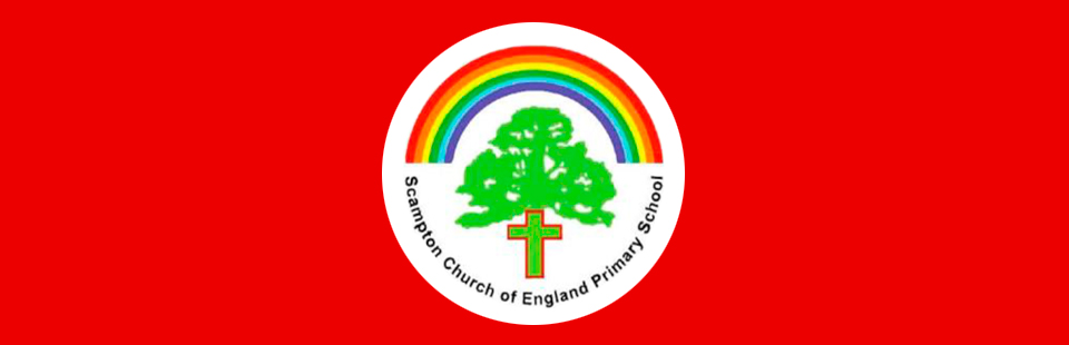 Scampton Church of England Primary School logo on a red background